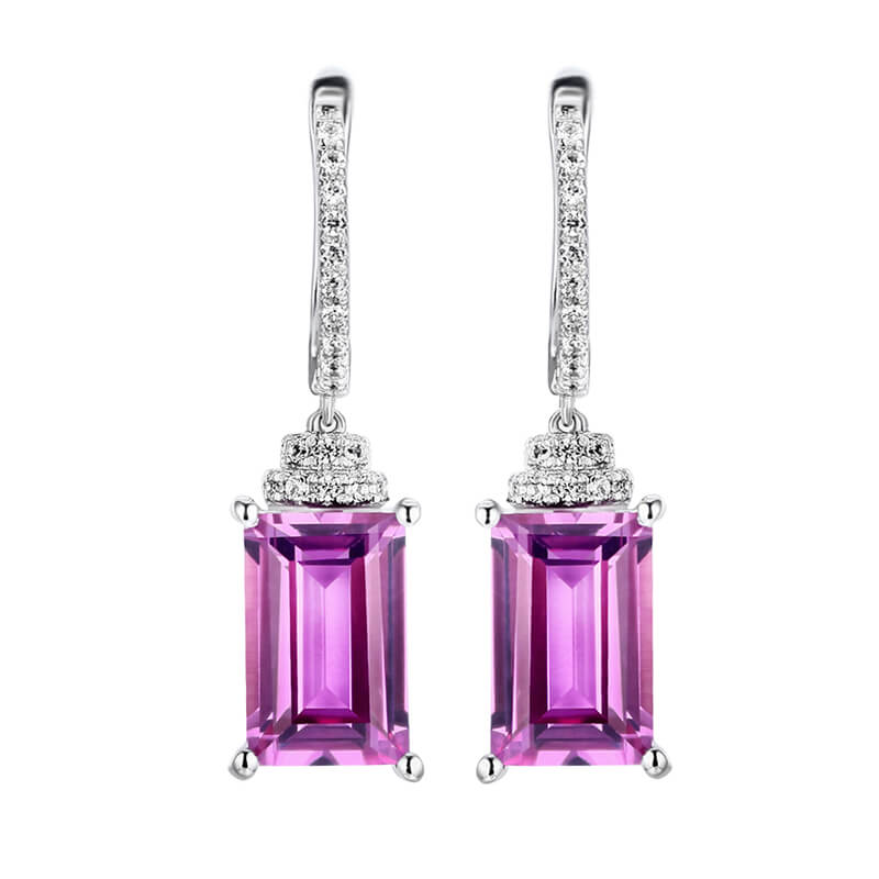 Emerald-Cut Purple Sapphire Drop Earrings In Sterling Silver