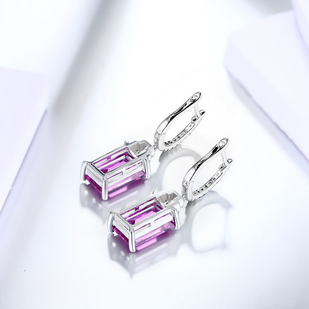 Emerald-Cut Purple Sapphire Drop Earrings In Sterling Silver