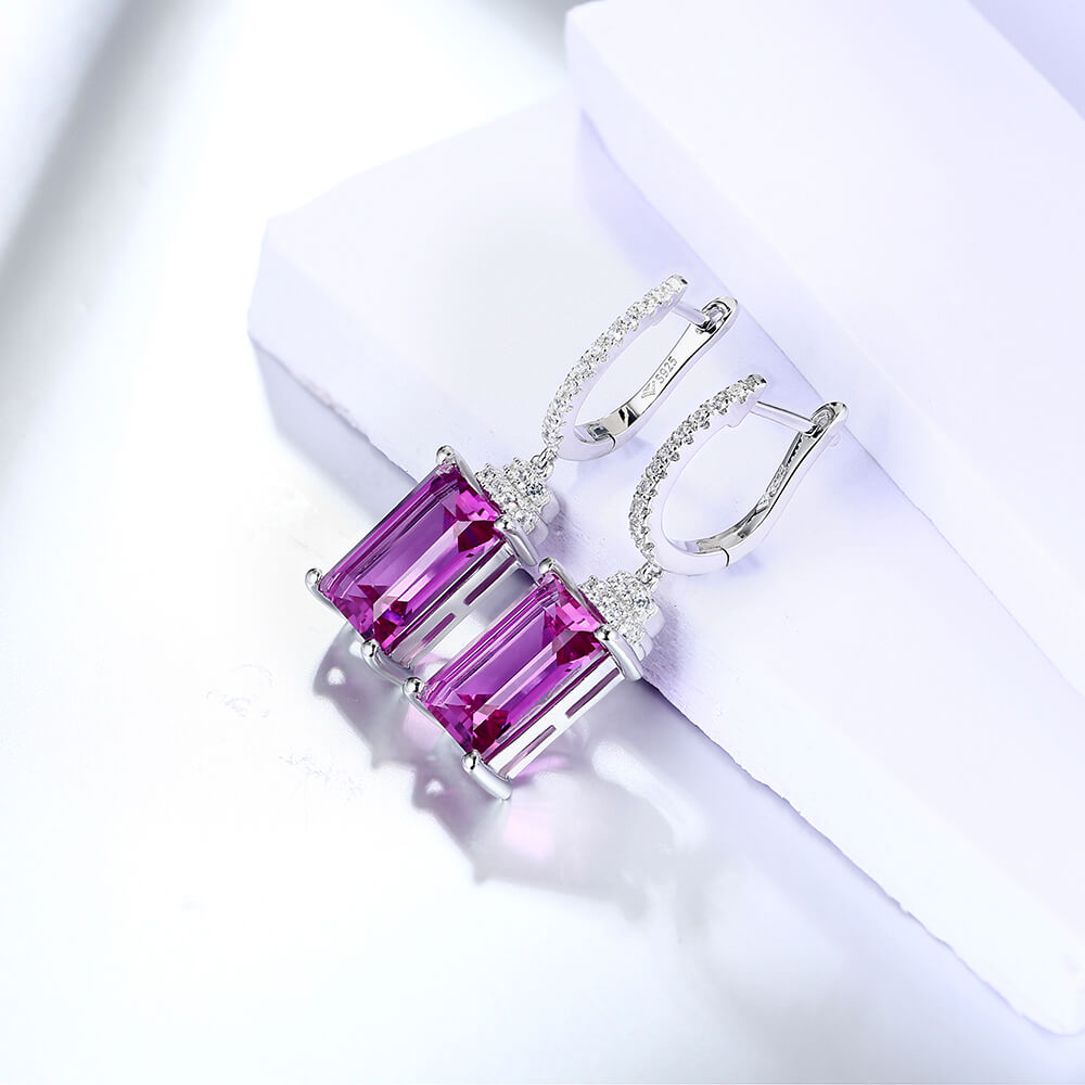 Emerald-Cut Purple Sapphire Drop Earrings In Sterling Silver