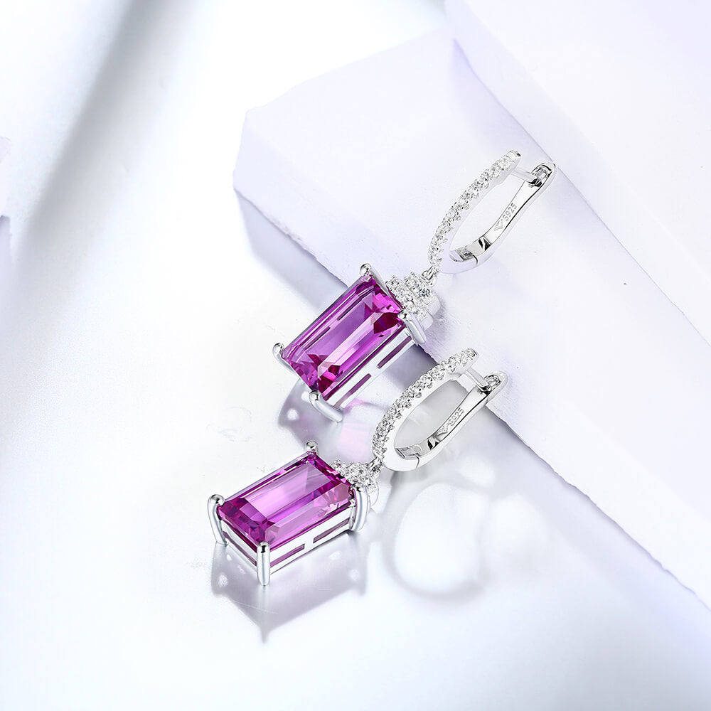 Emerald-Cut Purple Sapphire Drop Earrings In Sterling Silver