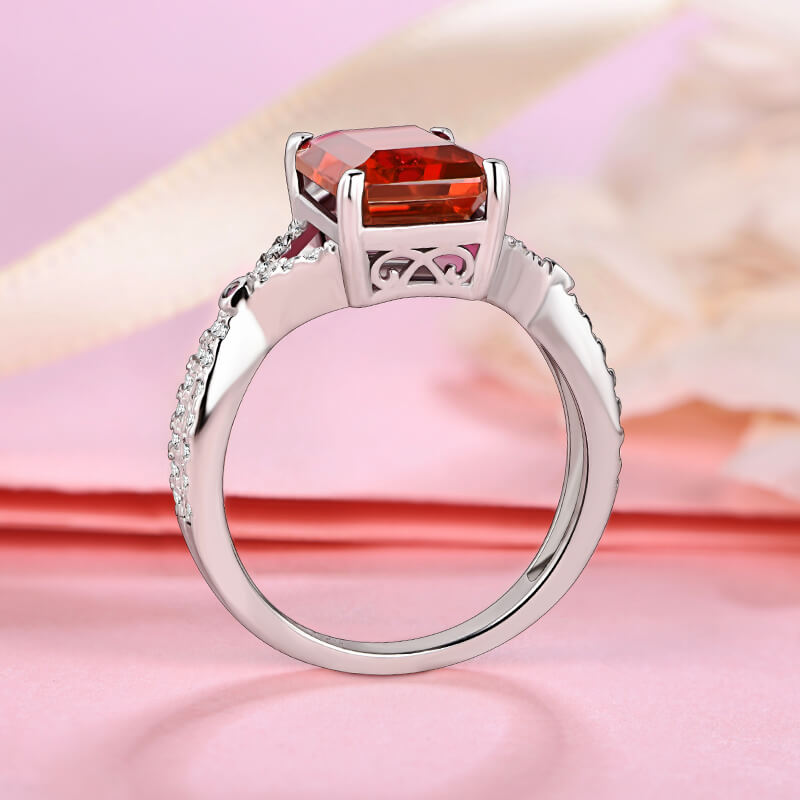 Emerald-Cut Ruby Cross Shank Pave Sterling Silver Ring