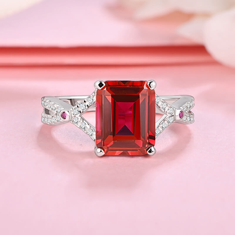 Emerald-Cut Ruby Cross Shank Pave Sterling Silver Ring