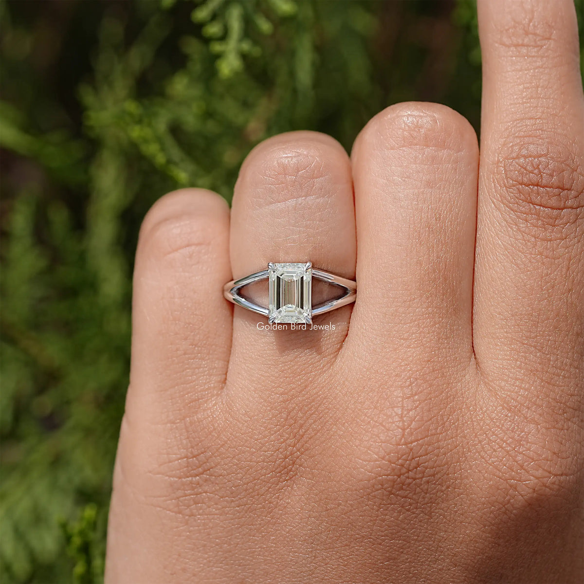 Emerald Cut Moissanite Split Shank Ring