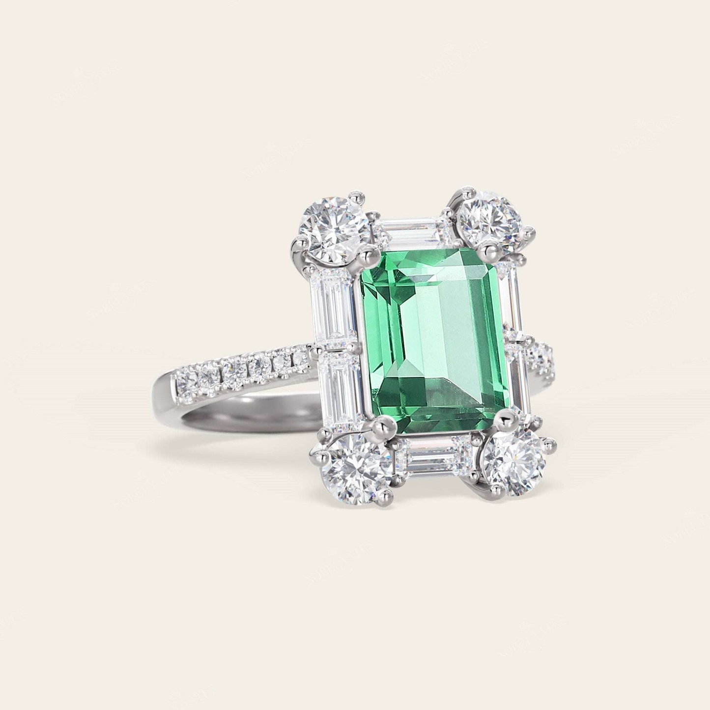Emerald Green Lab Sapphire & Round Lab Diamond Art Deco Engagement Ring