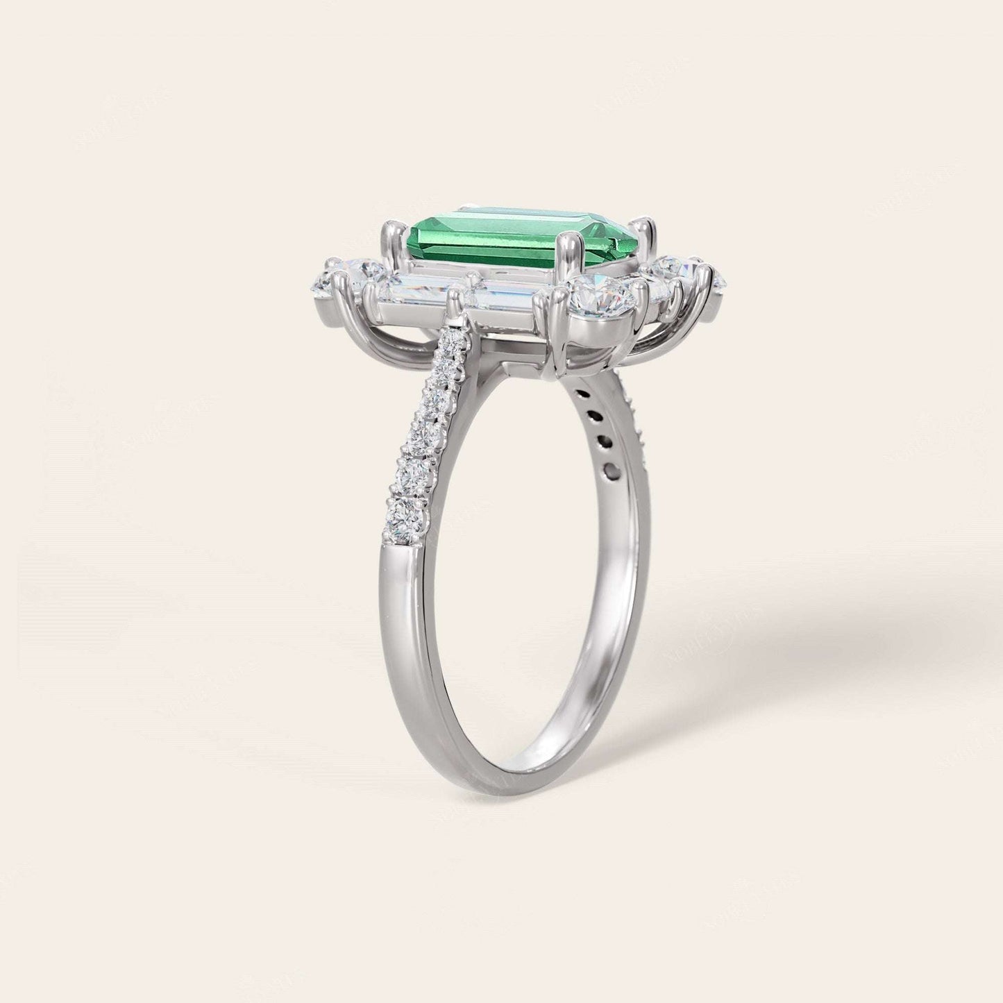 Emerald Green Lab Sapphire & Round Lab Diamond Art Deco Engagement Ring