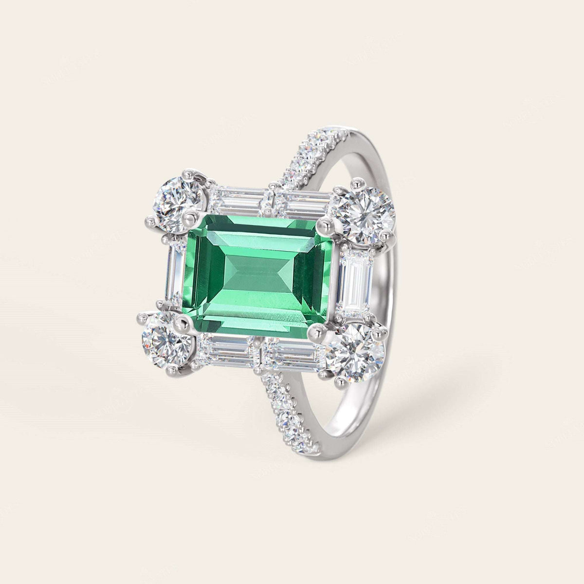 Emerald Green Lab Sapphire & Round Lab Diamond Art Deco Engagement Ring