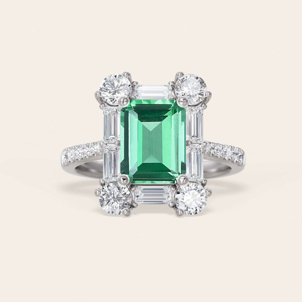 Emerald Green Lab Sapphire & Round Lab Diamond Art Deco Engagement Ring