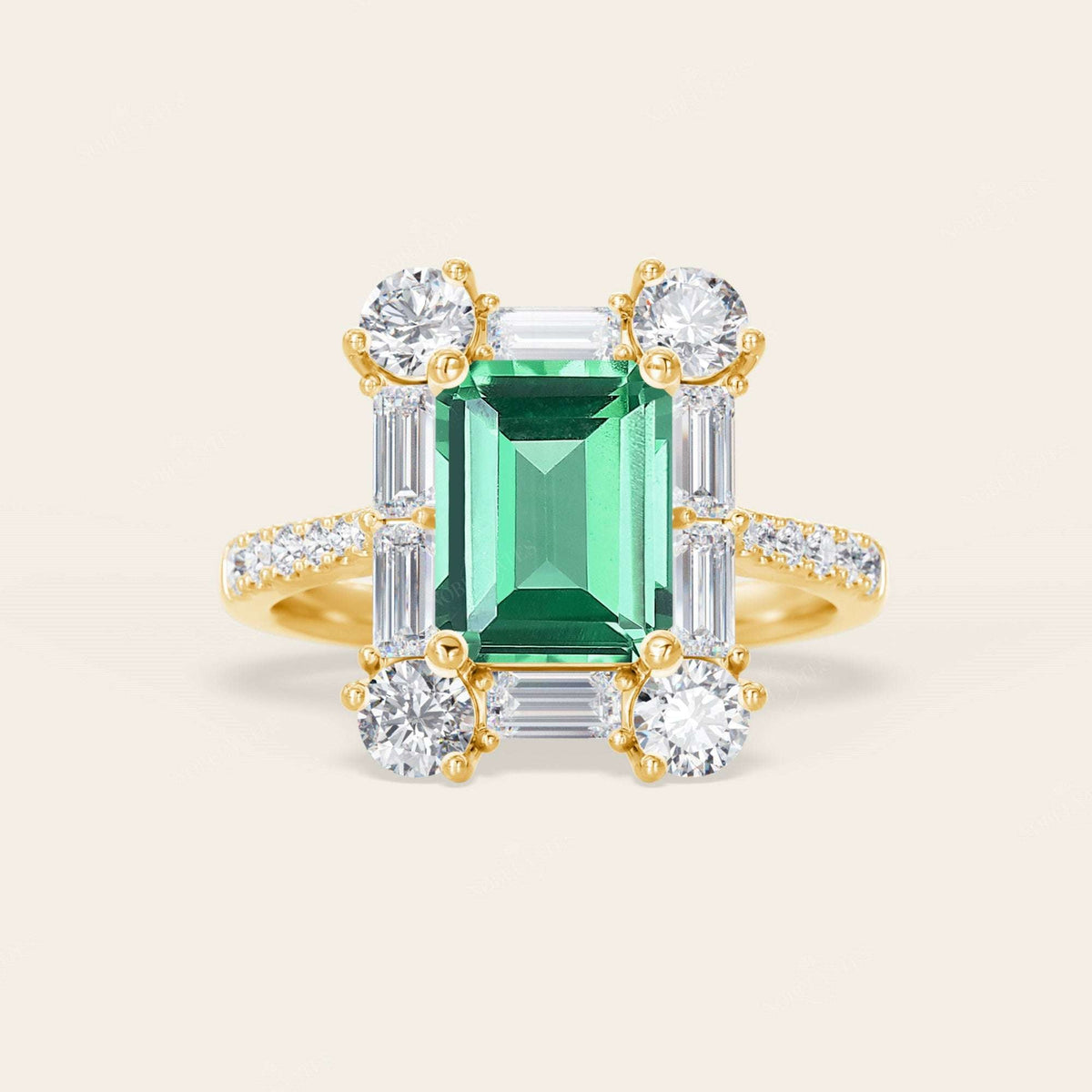 Emerald Green Lab Sapphire & Round Lab Diamond Art Deco Engagement Ring