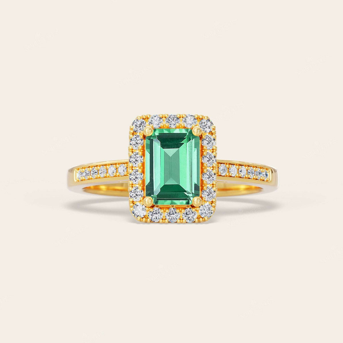 Emerald Lab Green Sapphire & Diamond Halo Art Deco Engagement Ring