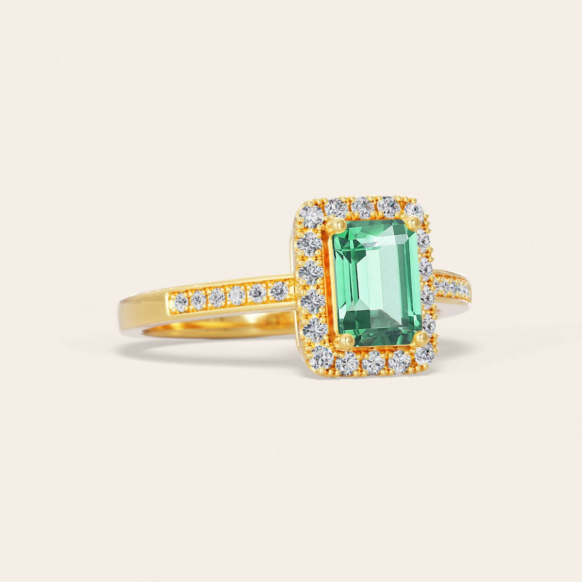 Emerald Lab Green Sapphire & Diamond Halo Art Deco Engagement Ring
