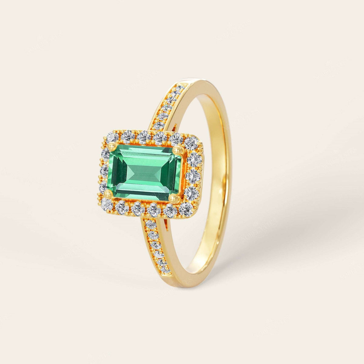 Emerald Lab Green Sapphire & Diamond Halo Art Deco Engagement Ring