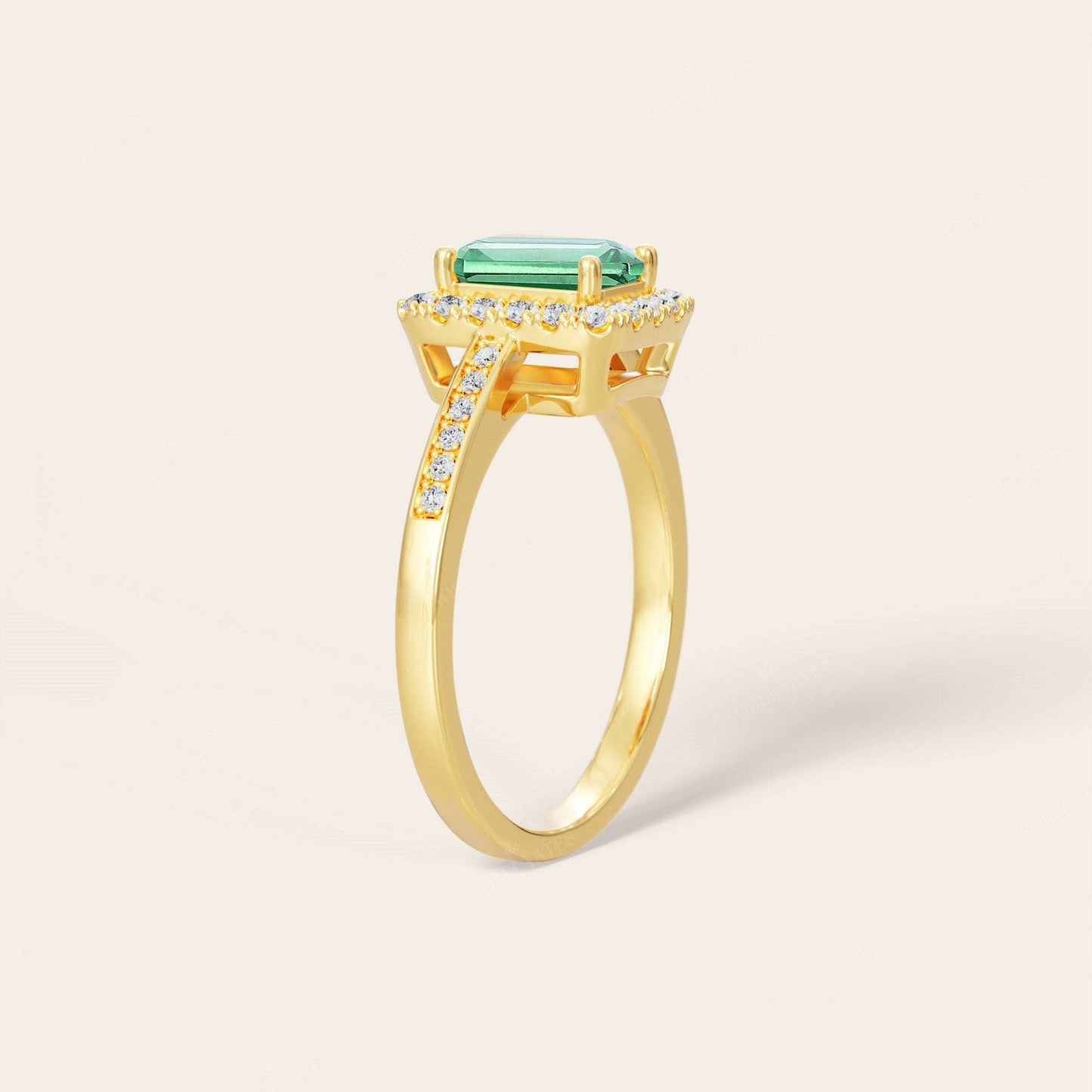 Emerald Lab Green Sapphire & Diamond Halo Art Deco Engagement Ring