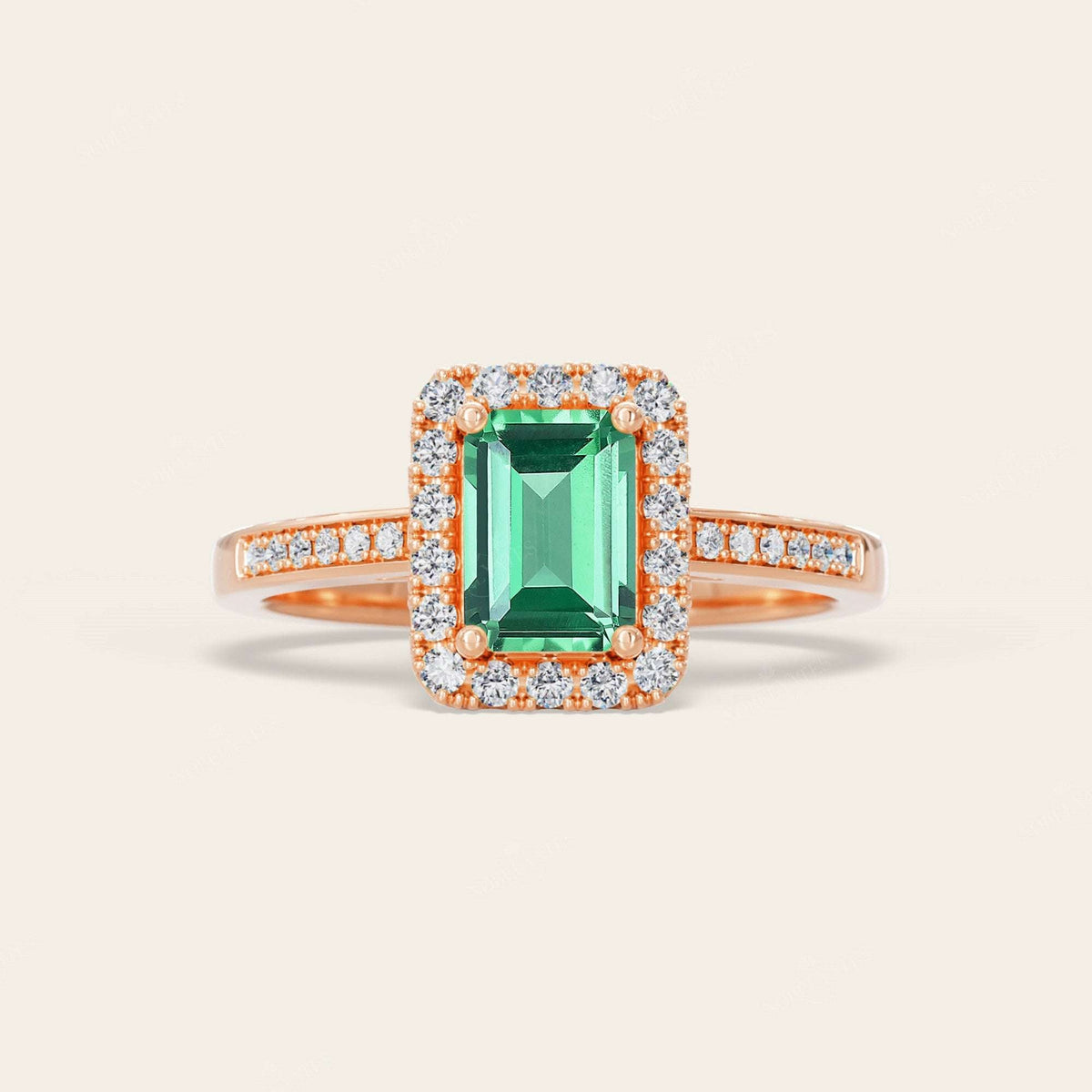 Emerald Lab Green Sapphire & Diamond Halo Art Deco Engagement Ring