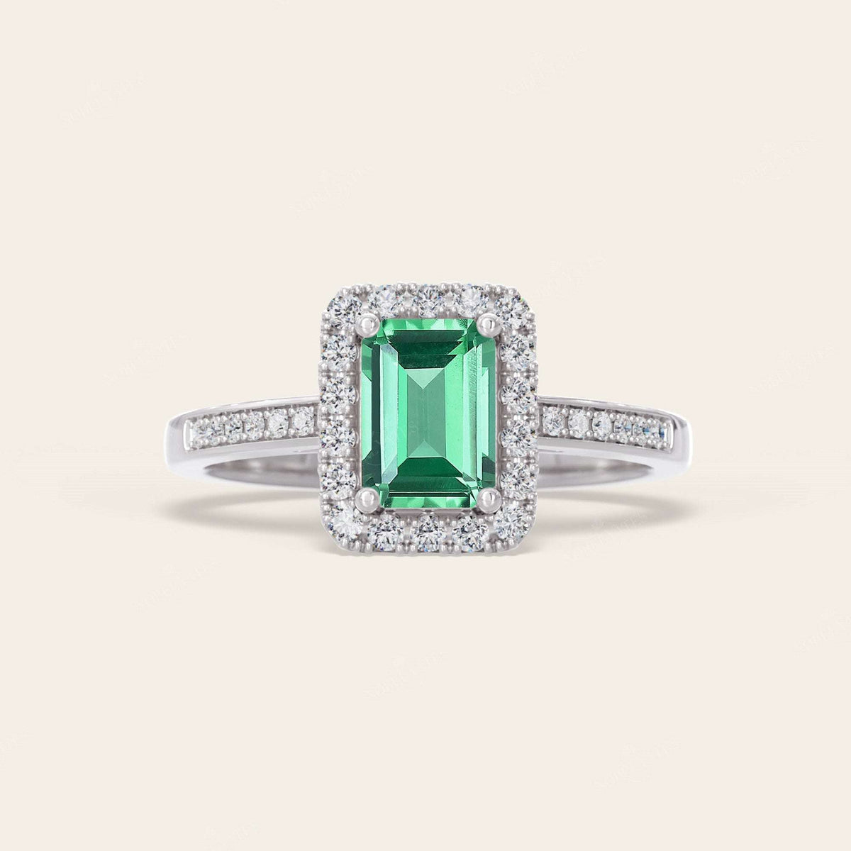 Emerald Lab Green Sapphire & Diamond Halo Art Deco Engagement Ring