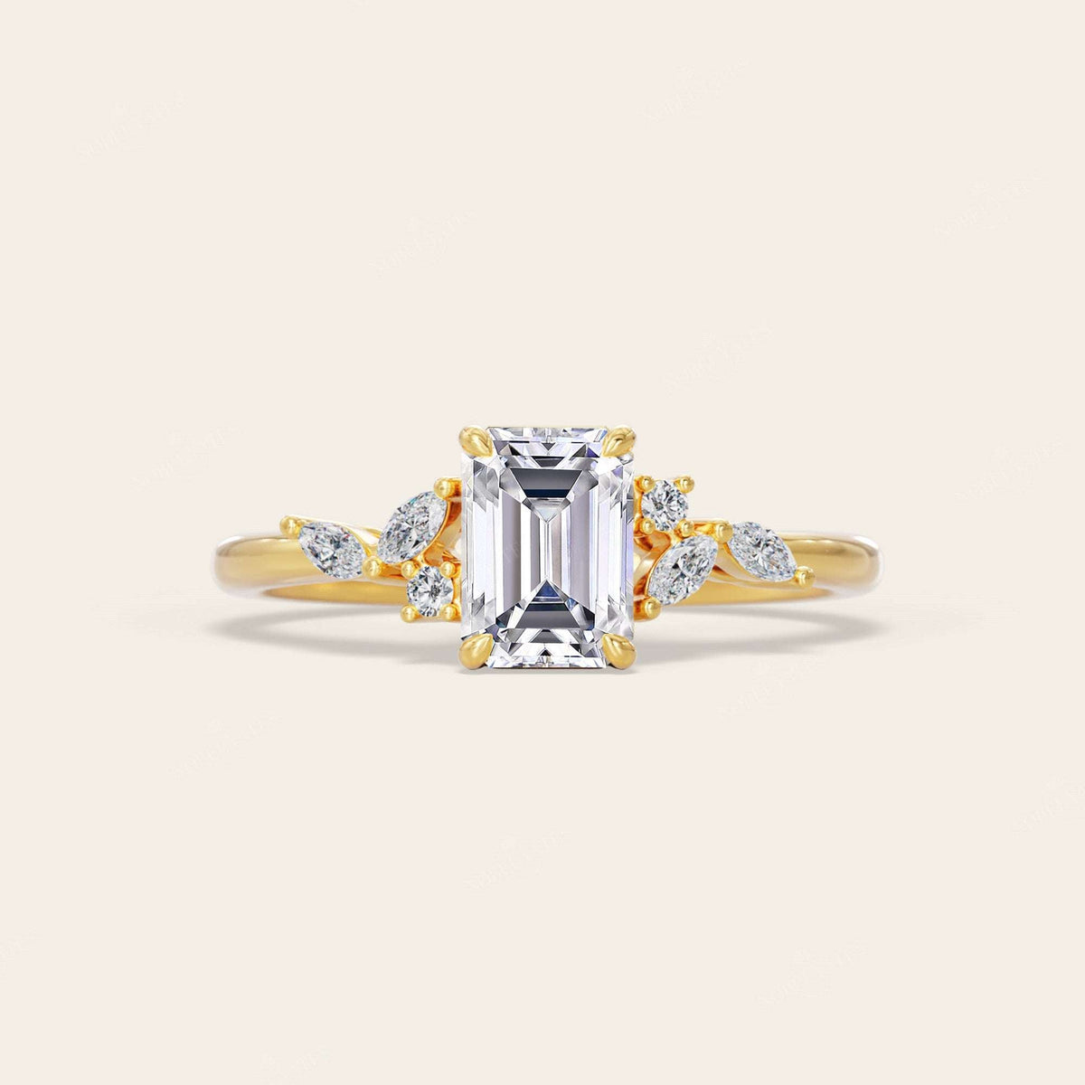 Emerald & Marquise Cut Lab Grown Diamond Art Deco Engagement Ring
