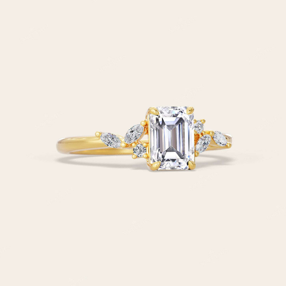 Emerald & Marquise Cut Lab Grown Diamond Art Deco Engagement Ring