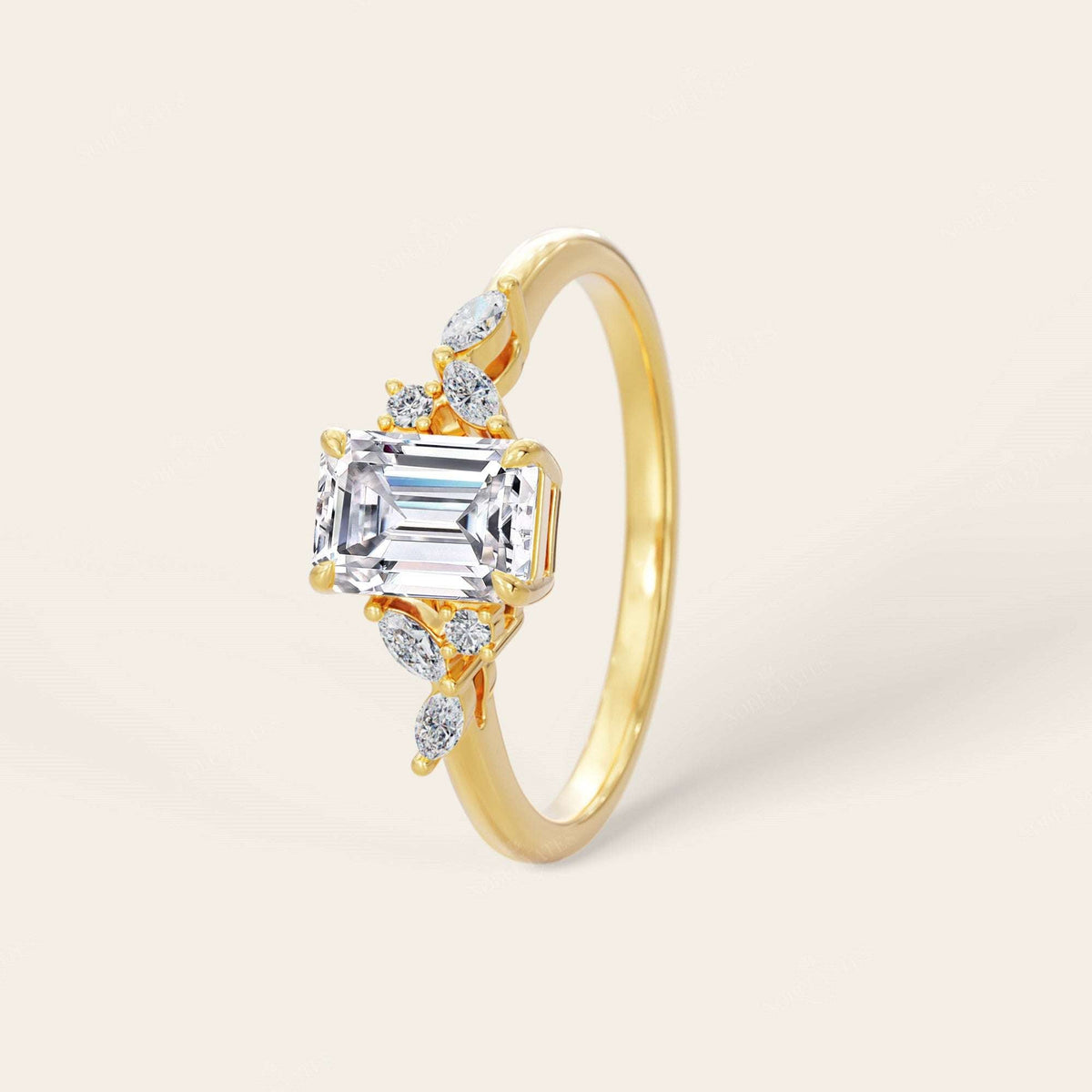 Emerald & Marquise Cut Lab Grown Diamond Art Deco Engagement Ring