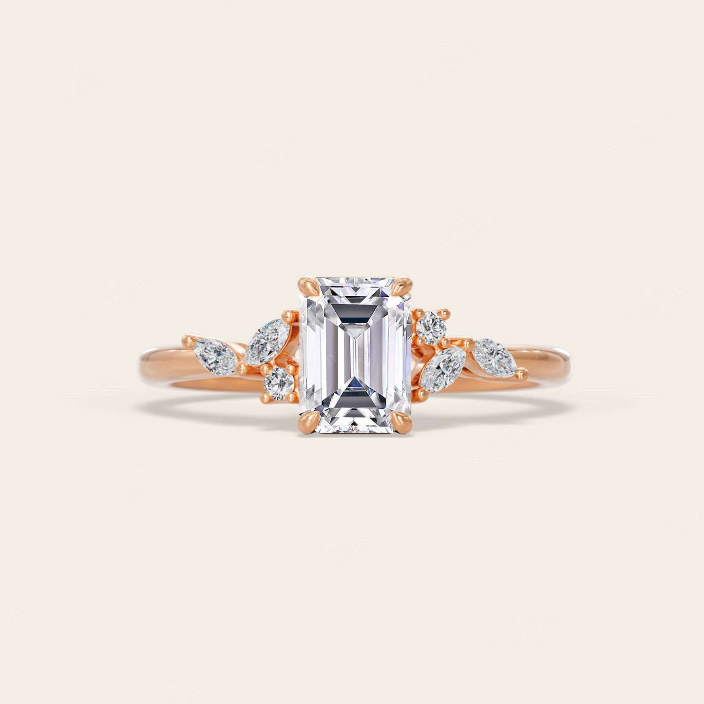 Emerald & Marquise Cut Lab Grown Diamond Art Deco Engagement Ring
