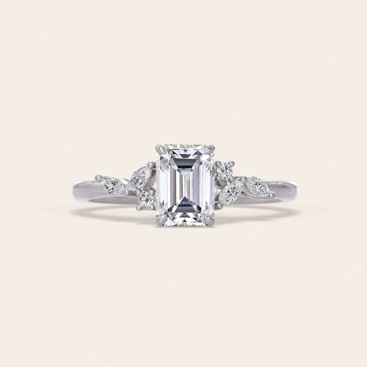 Emerald & Marquise Cut Lab Grown Diamond Art Deco Engagement Ring
