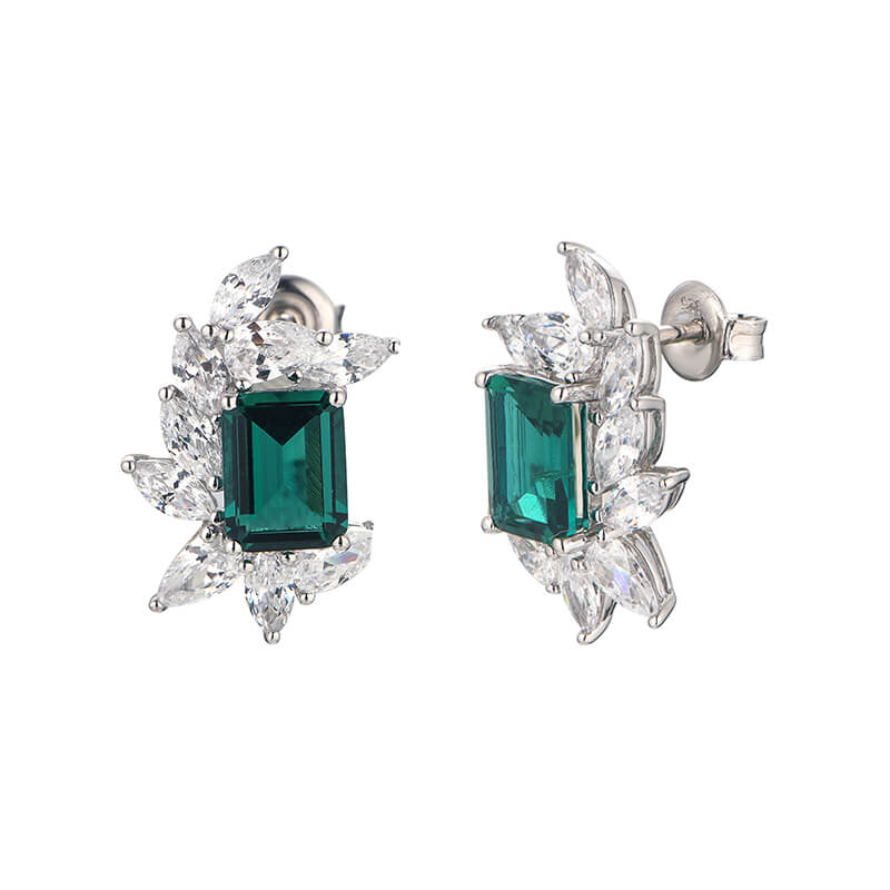 Emerald Cluster Marquise Accents Sterling Silver Stud Earrings