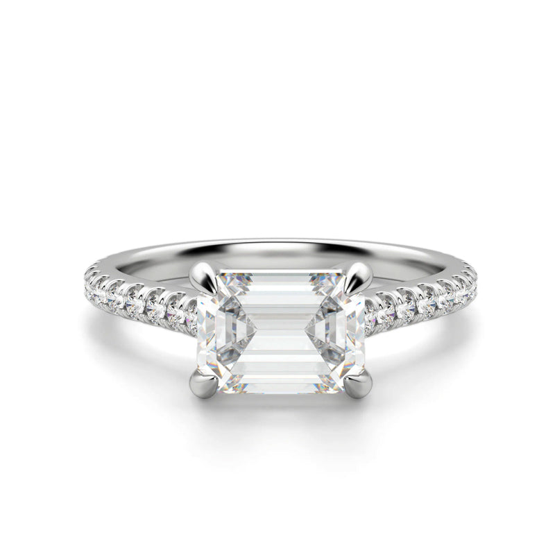 Emerald Cut Horizontal Moissanite Pave Engagement Ring