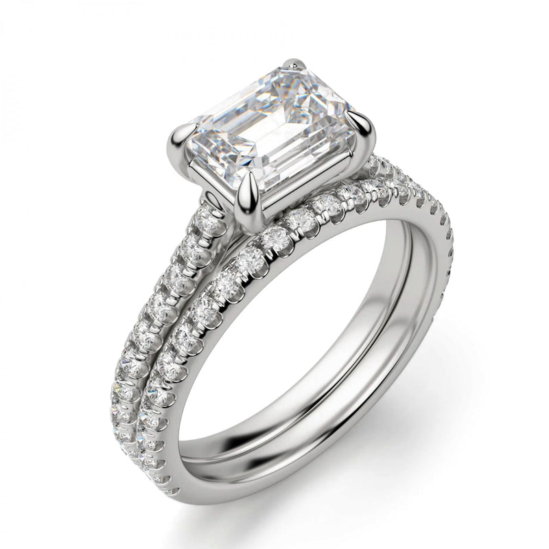 Emerald Cut Horizontal Moissanite Pave Engagement Ring