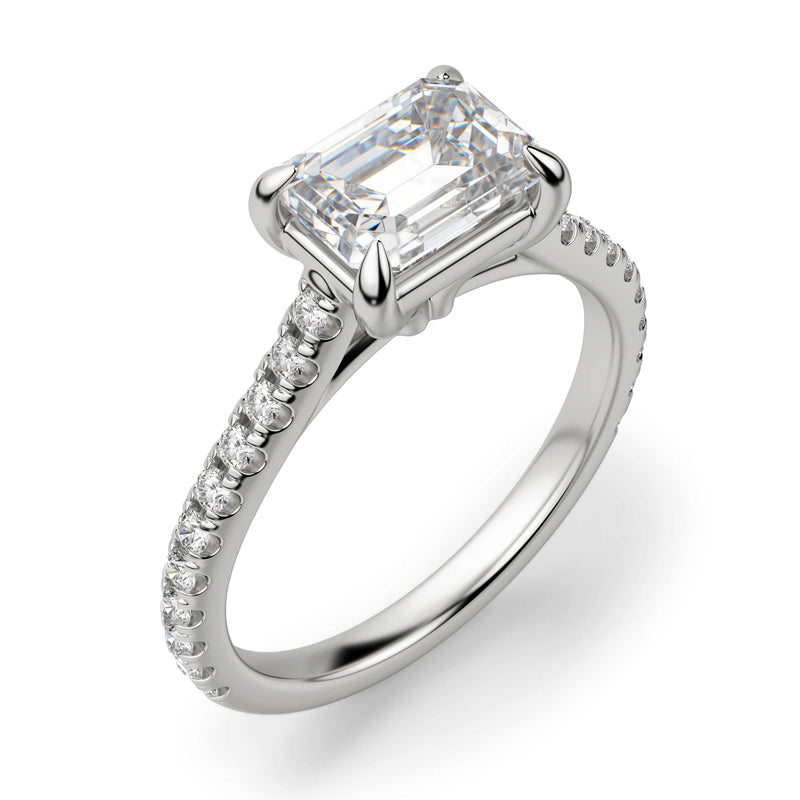 Emerald Cut Horizontal Moissanite Pave Engagement Ring
