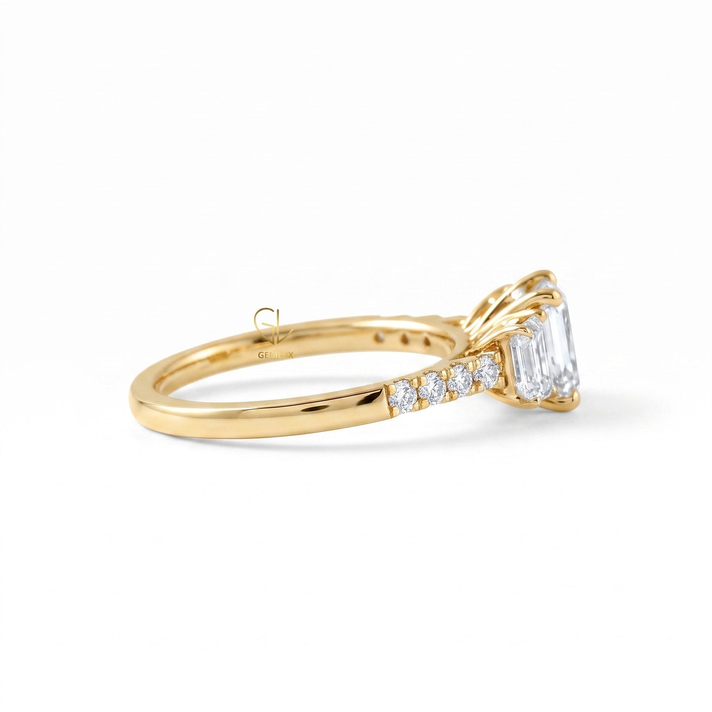 Emerald Cut Lab Grown Diamond Three Stone Engagement Ring
