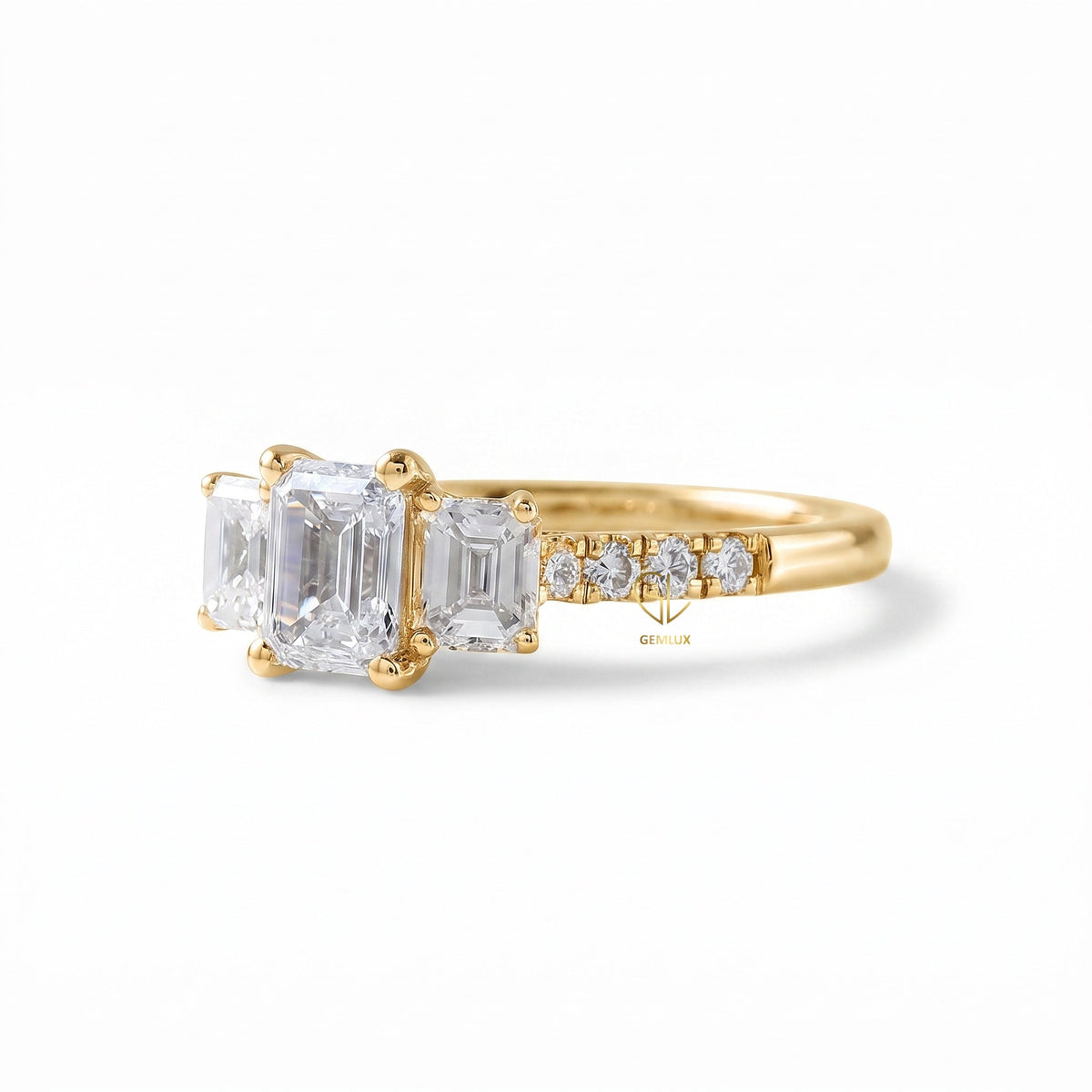 Emerald Cut Lab Grown Diamond Three Stone Engagement Ring