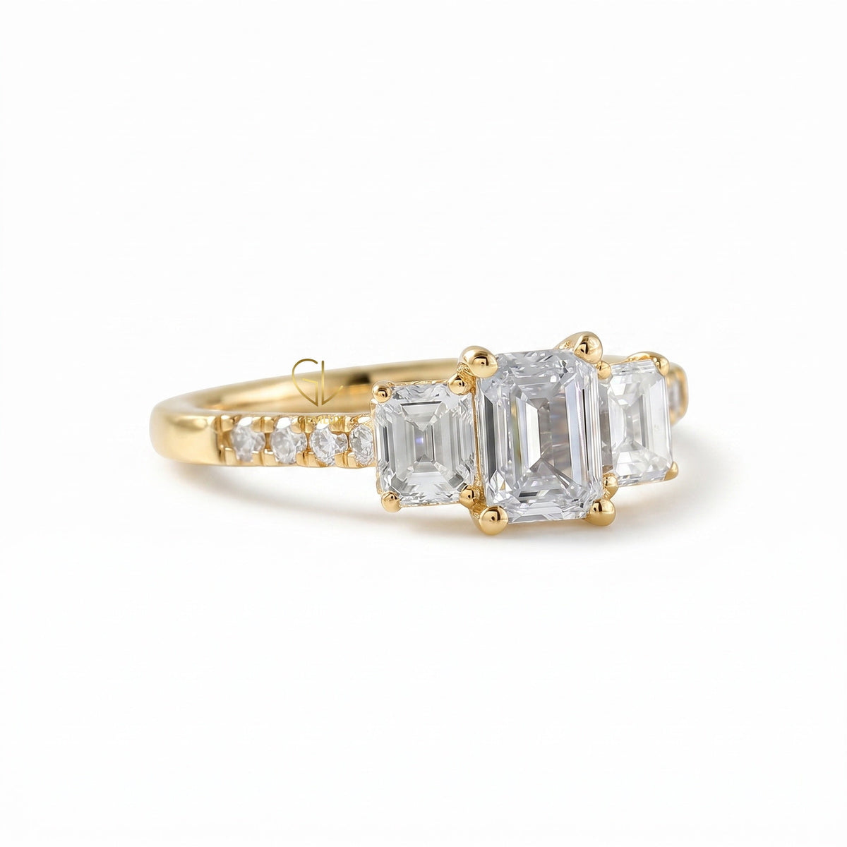 Emerald Cut Lab Grown Diamond Three Stone Engagement Ring