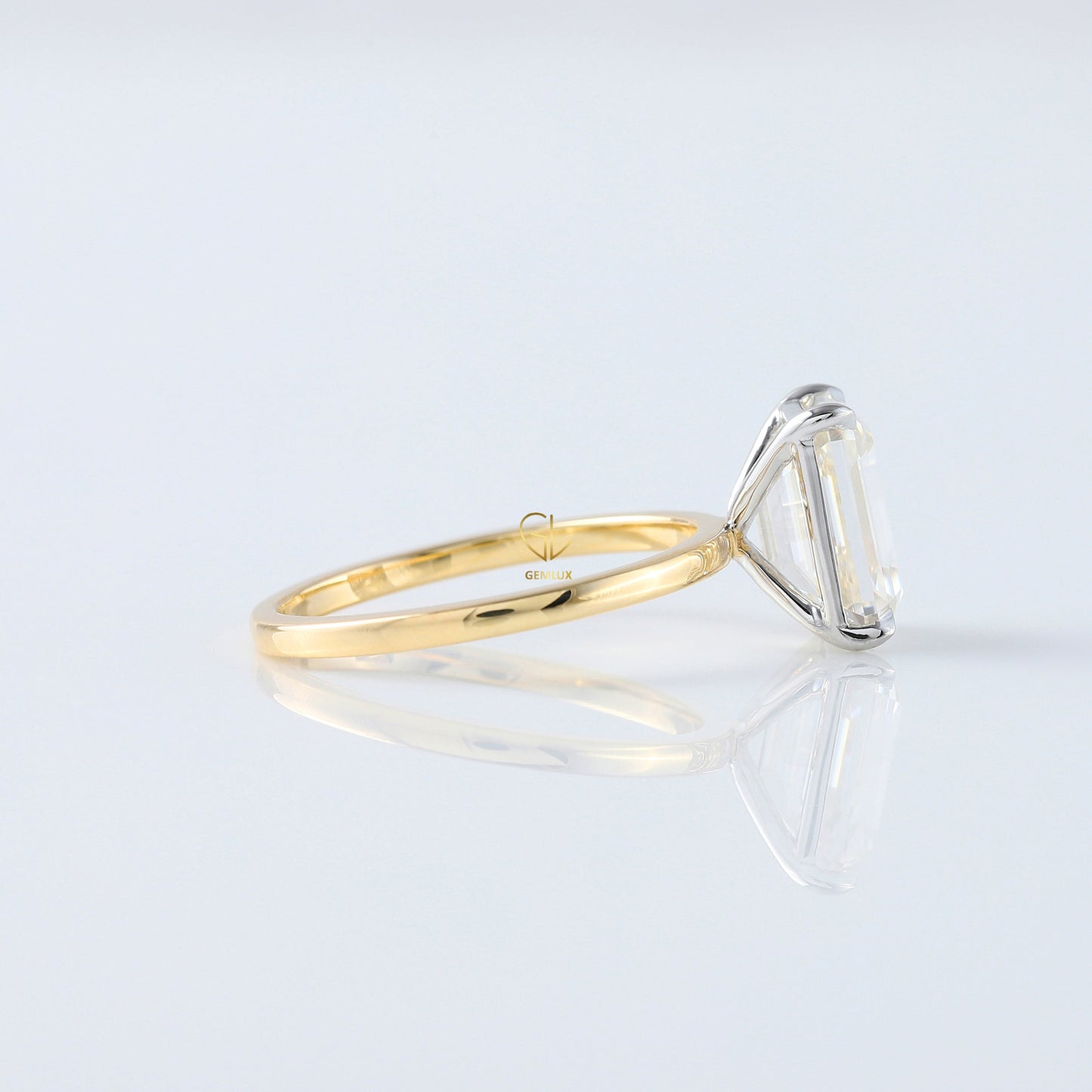 Emerald Cut Moissanite Solitaire Two Tone Engagement Ring