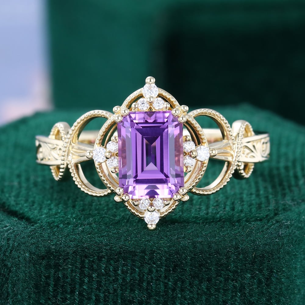 Emerald Cut Purple Sapphire Engagement Ring Milgrain Filigree Halo Scroll Band