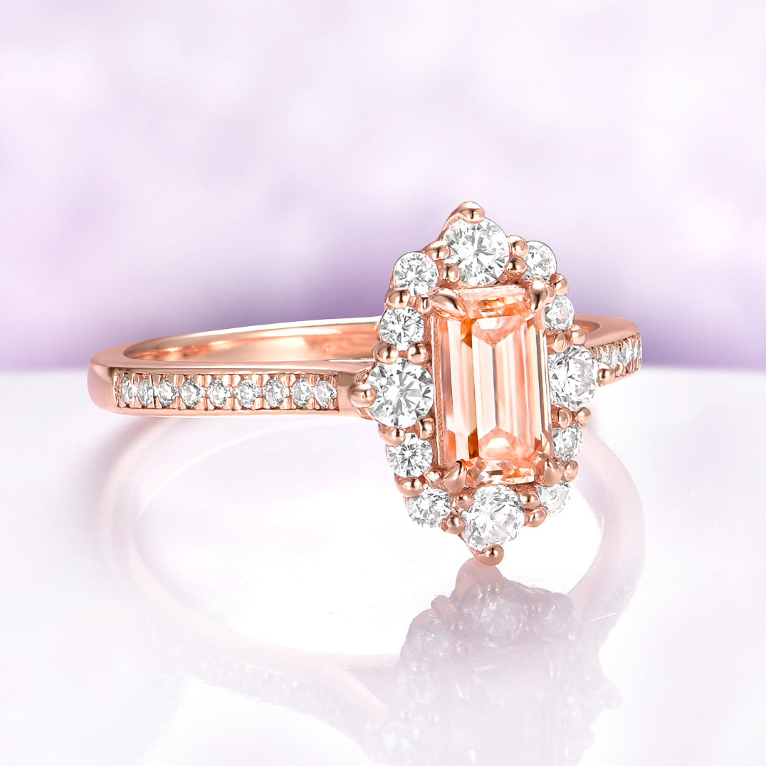 Emerald Cut Champagne Moissanite Engagement Ring in Solid 14K Rose Gold
