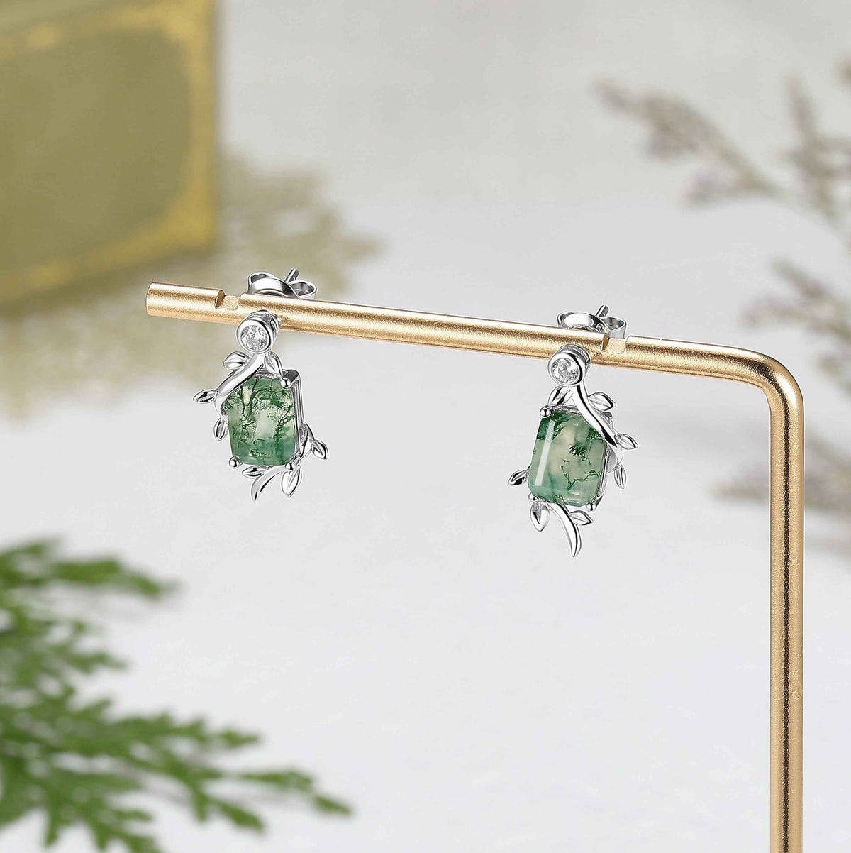 Emerald Cut Moss Agate Leafy Earrings Anniversary Gift for Her
