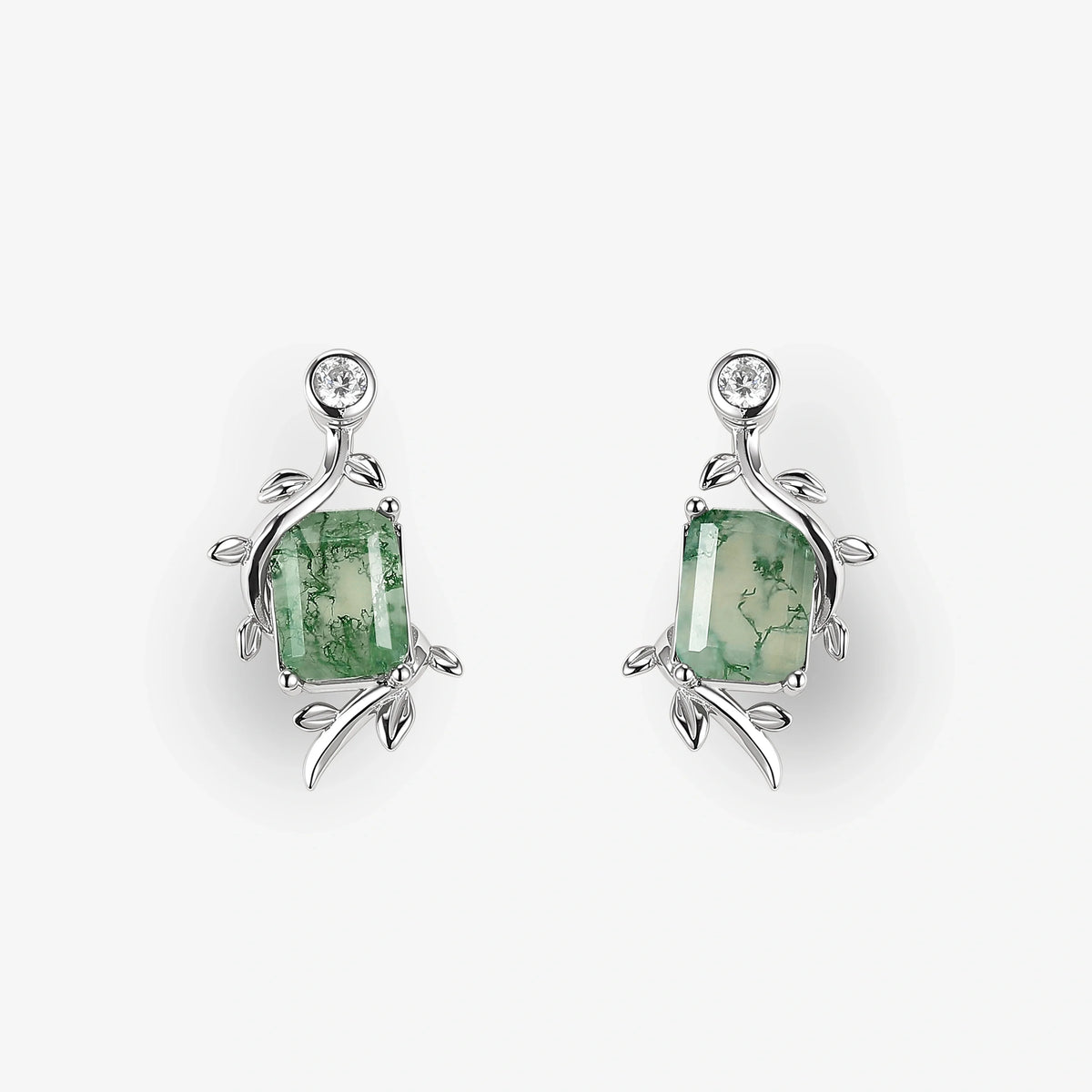 Emerald Cut Moss Agate Leafy Earrings - Ready to Ship