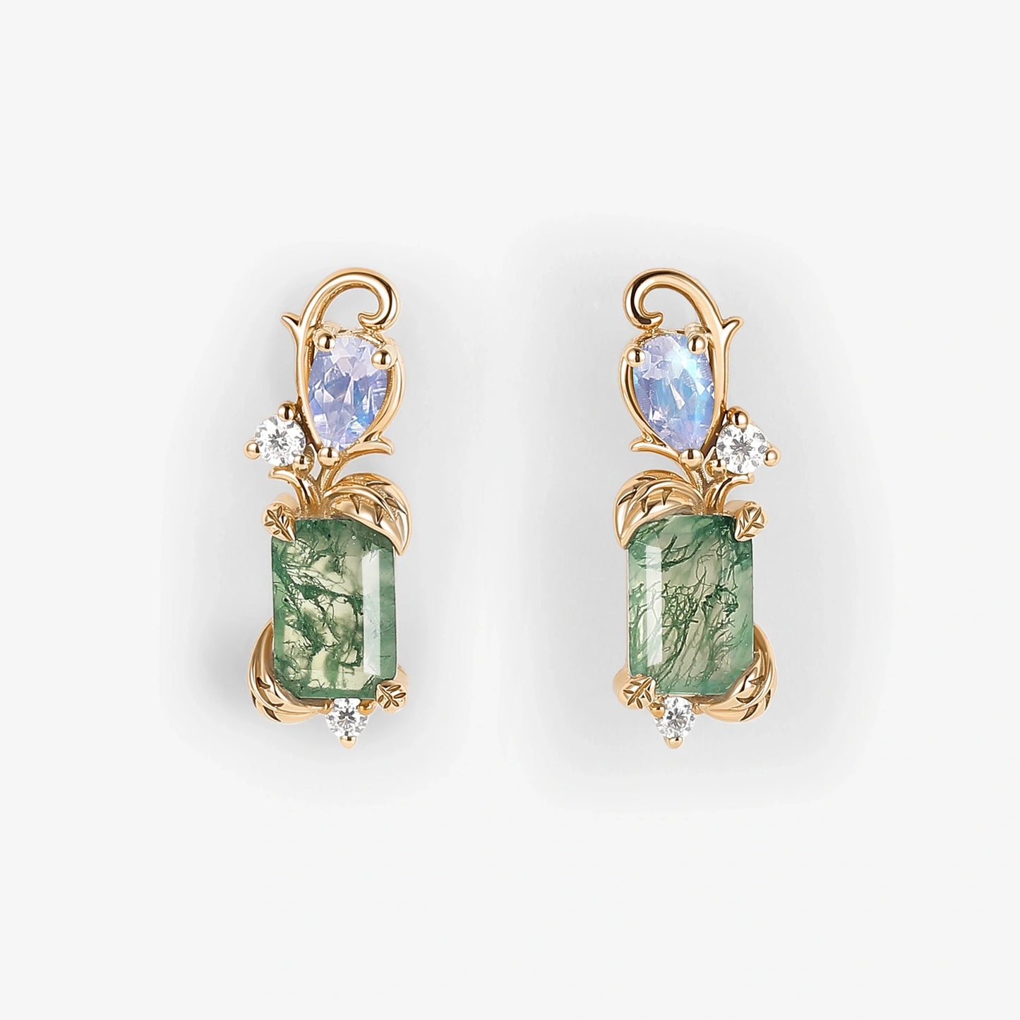 Emerald Cut Moss Agate & Moonstone Leafy Earrings