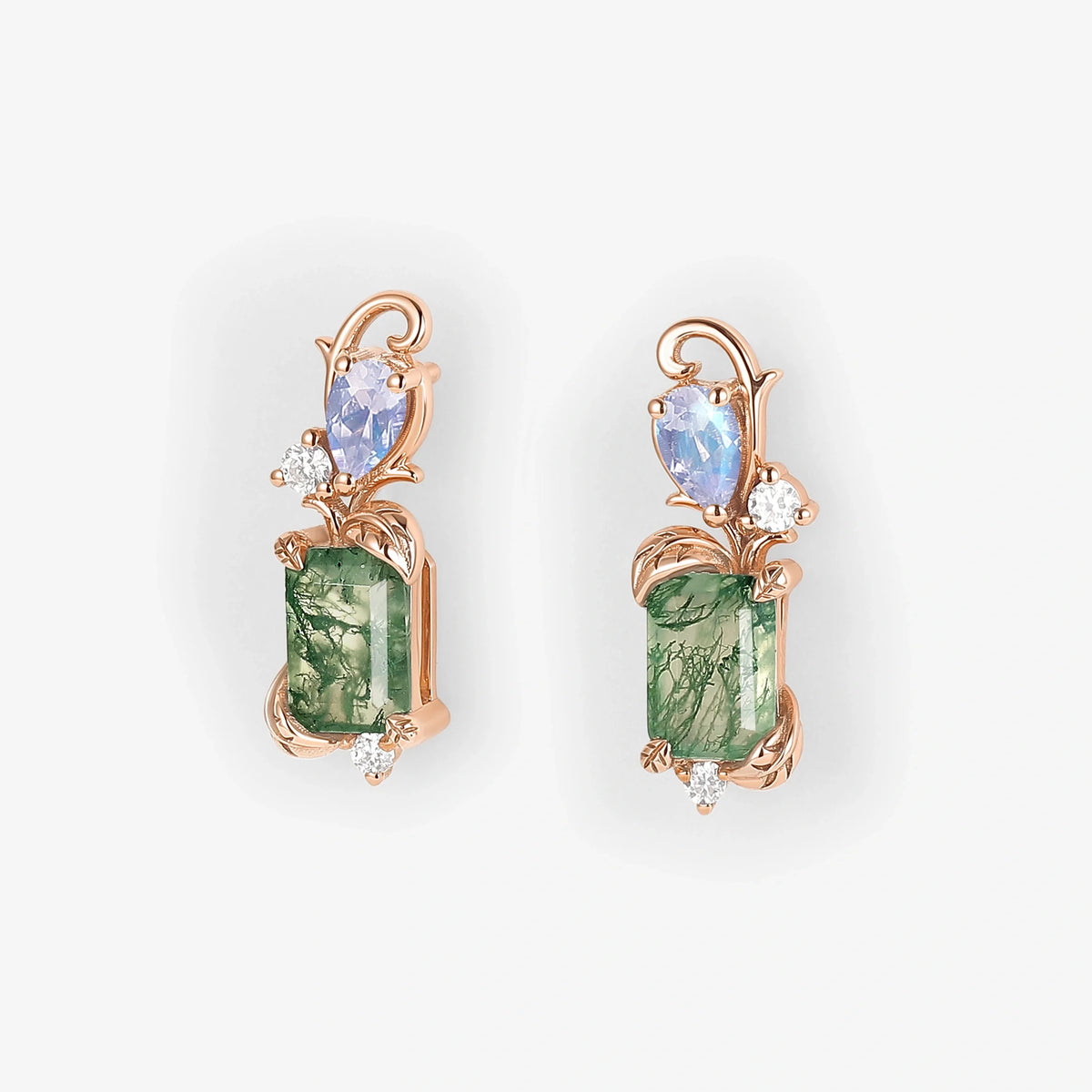 Emerald Cut Moss Agate & Moonstone Leafy Earrings