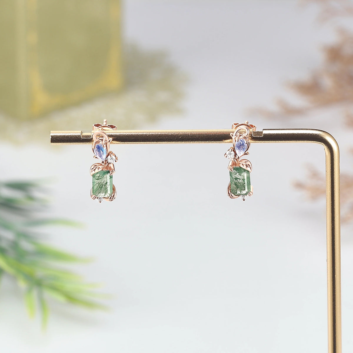 Emerald Cut Moss Agate & Moonstone Leafy Earrings