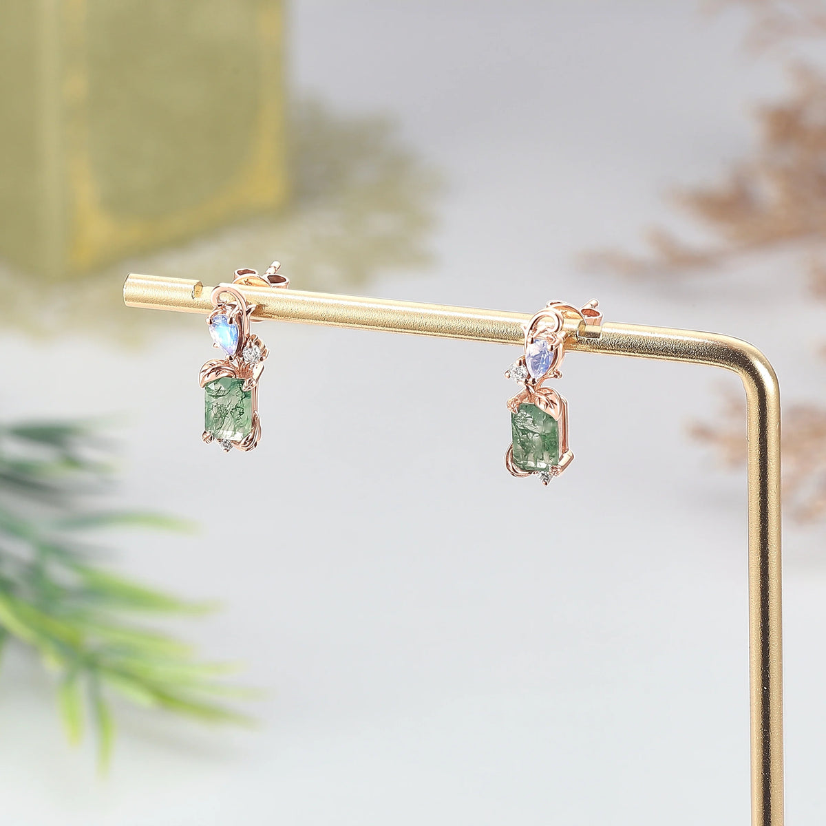 Emerald Cut Moss Agate & Moonstone Leafy Earrings