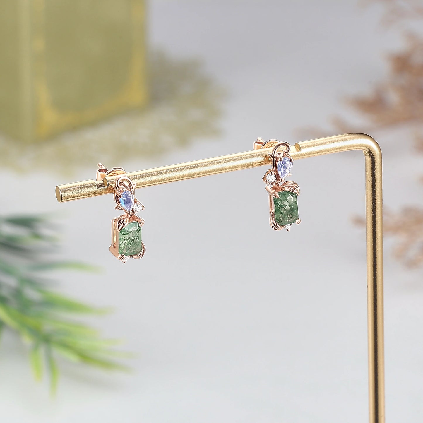 Emerald Cut Moss Agate & Moonstone Leafy Earrings