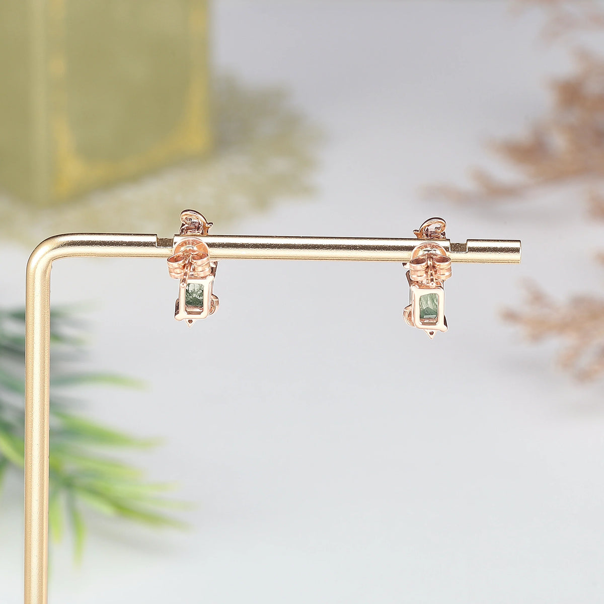 Emerald Cut Moss Agate & Moonstone Leafy Earrings