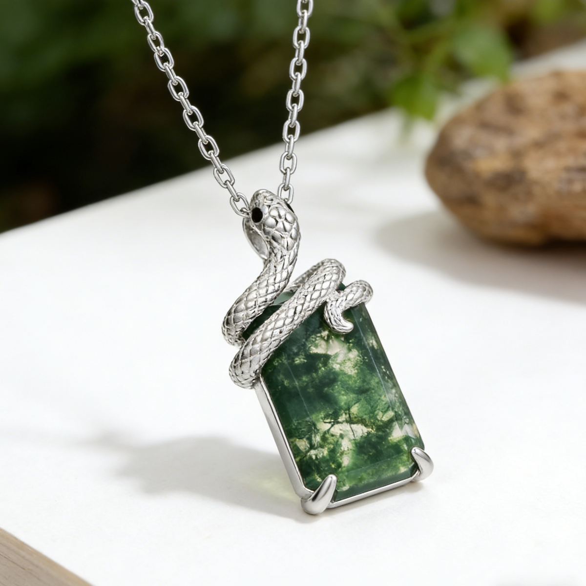 Kite Cut Lab Green Sappire Mystical Serpent Carved Nature Inspired Necklace - Cloak