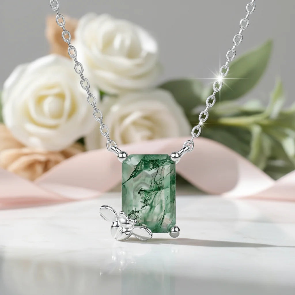 Emerald Cut Moss Agate Necklace with Bee