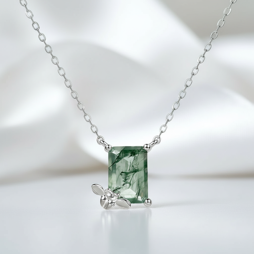 Emerald Cut Moss Agate Necklace with Bee