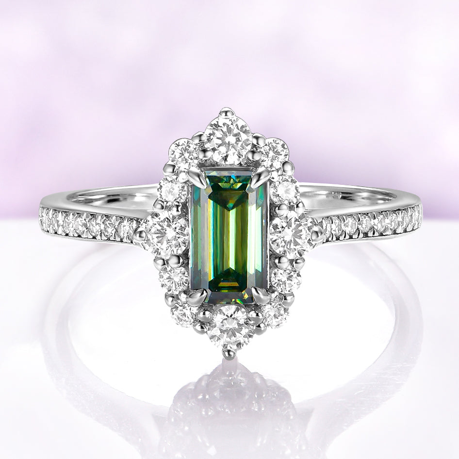 Emerald Cut Pacific Green Engagement Ring in 14K White Gold