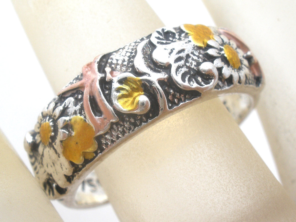 Enamel Flower & Dragonfly Ring Sterling Size 7