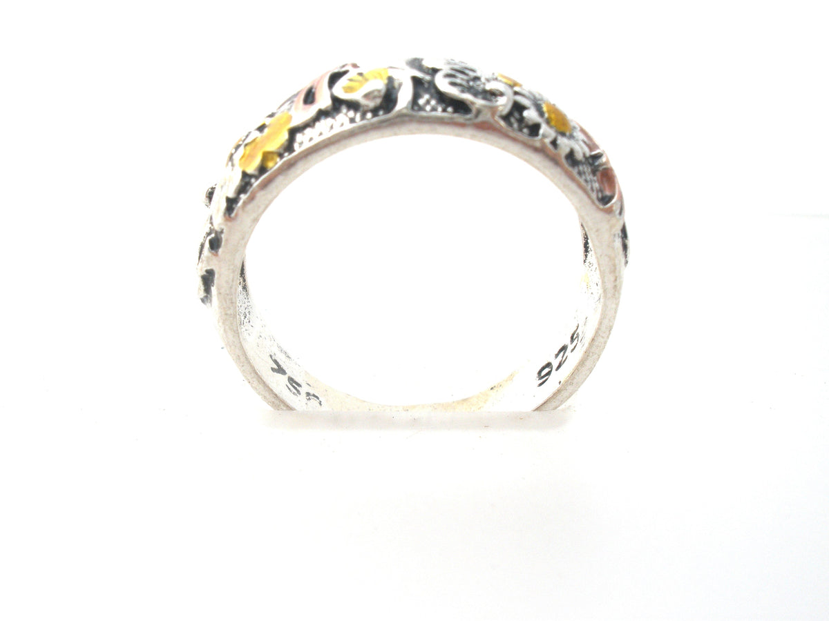 Enamel Flower & Dragonfly Ring Sterling Size 7