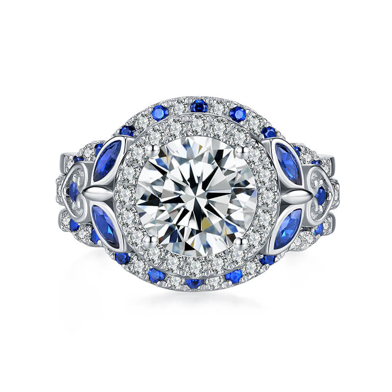 Enchanted Blossom Halo Moissanite with Blue Sapphires Engagement Ring Set