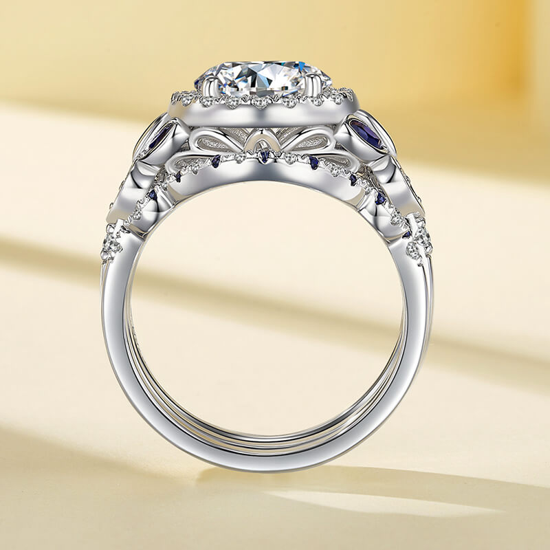 Enchanted Blossom Halo Moissanite with Blue Sapphires Engagement Ring Set