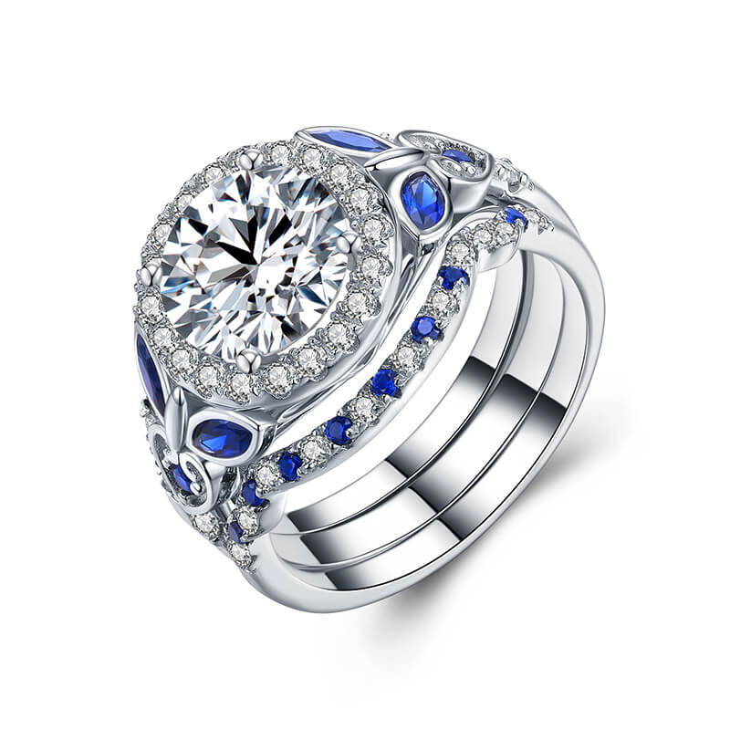 Enchanted Blossom Halo Moissanite with Blue Sapphires Engagement Ring Set